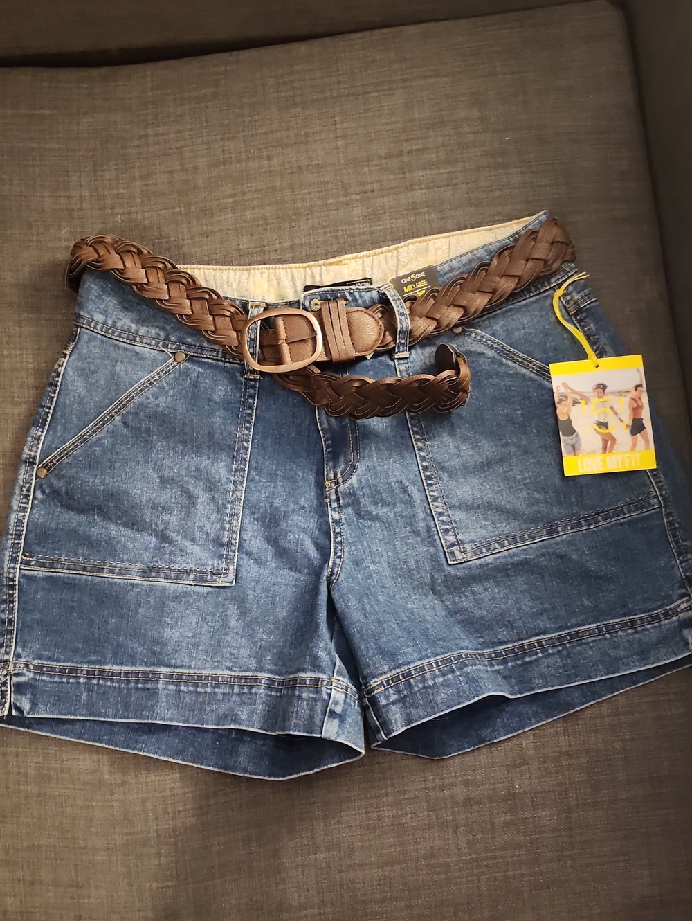 one 5 one Braided Belt Denim Jean Shorts in Blue with Brown Belt